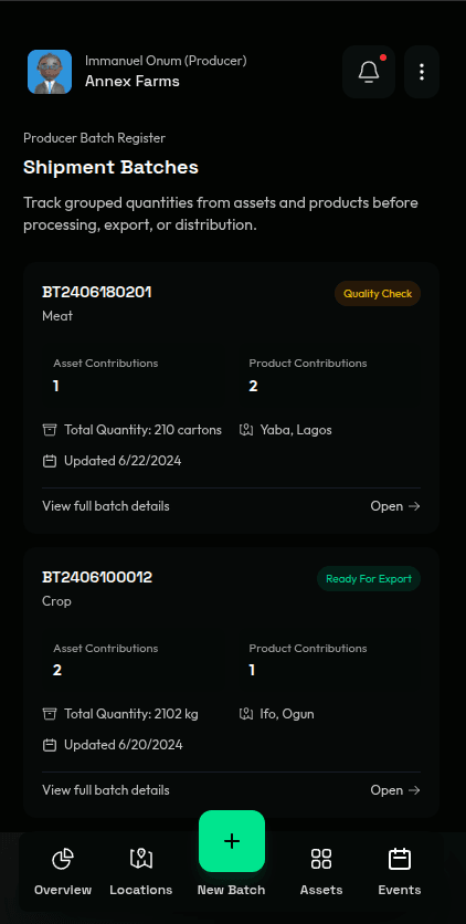 AgroTrace batches tracking interface