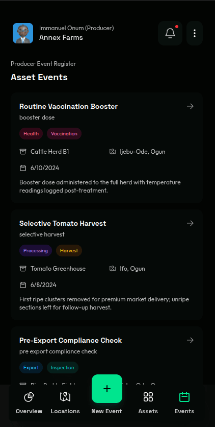 AgroTrace events activity screen