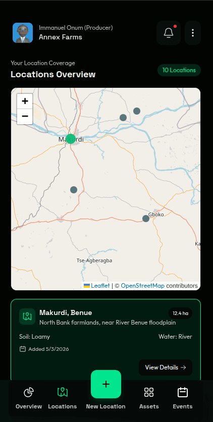 AgroTrace locations management view
